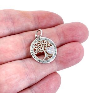 Vintage Sterling Silver 925 "Tree of Life" with Heart Cubic Zirconia Pendant